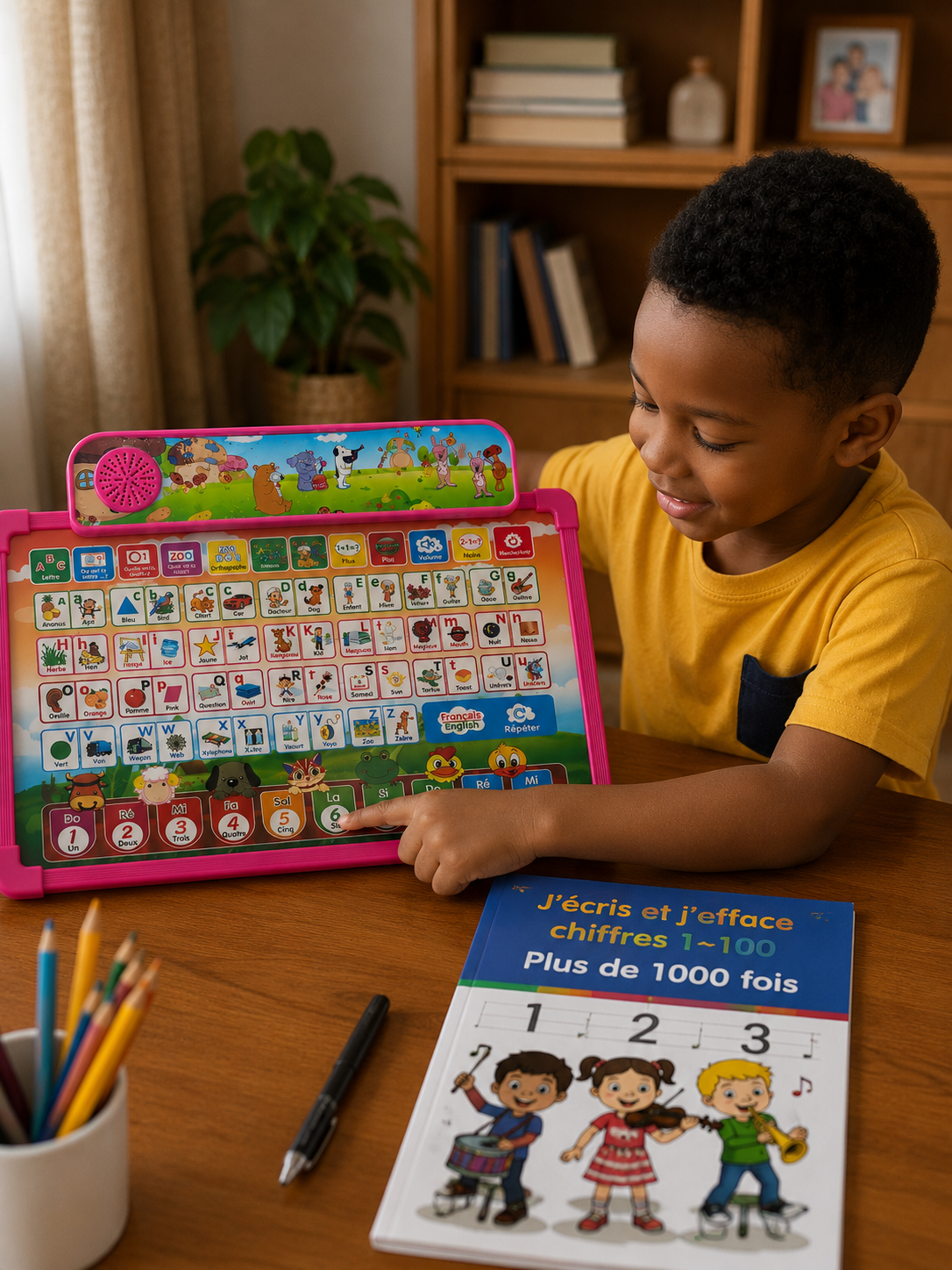 Enfant utilisant le tableau ABC Malin et répétant ce qu’il vient d’entendre
