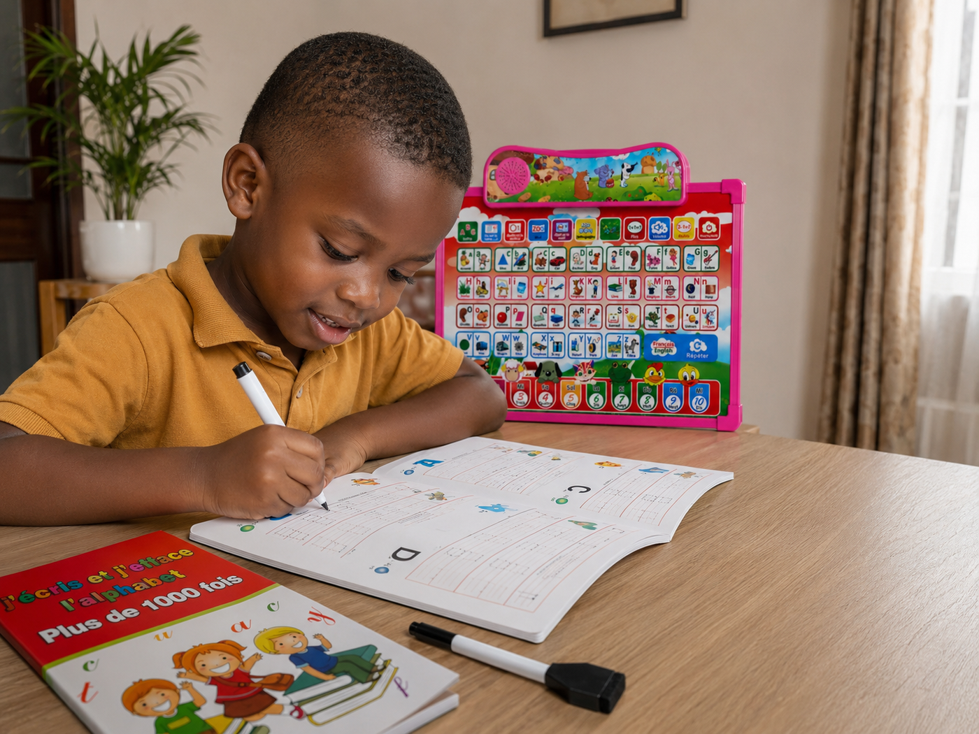 Un enfant noir africain utilise le tableau ABC Malin